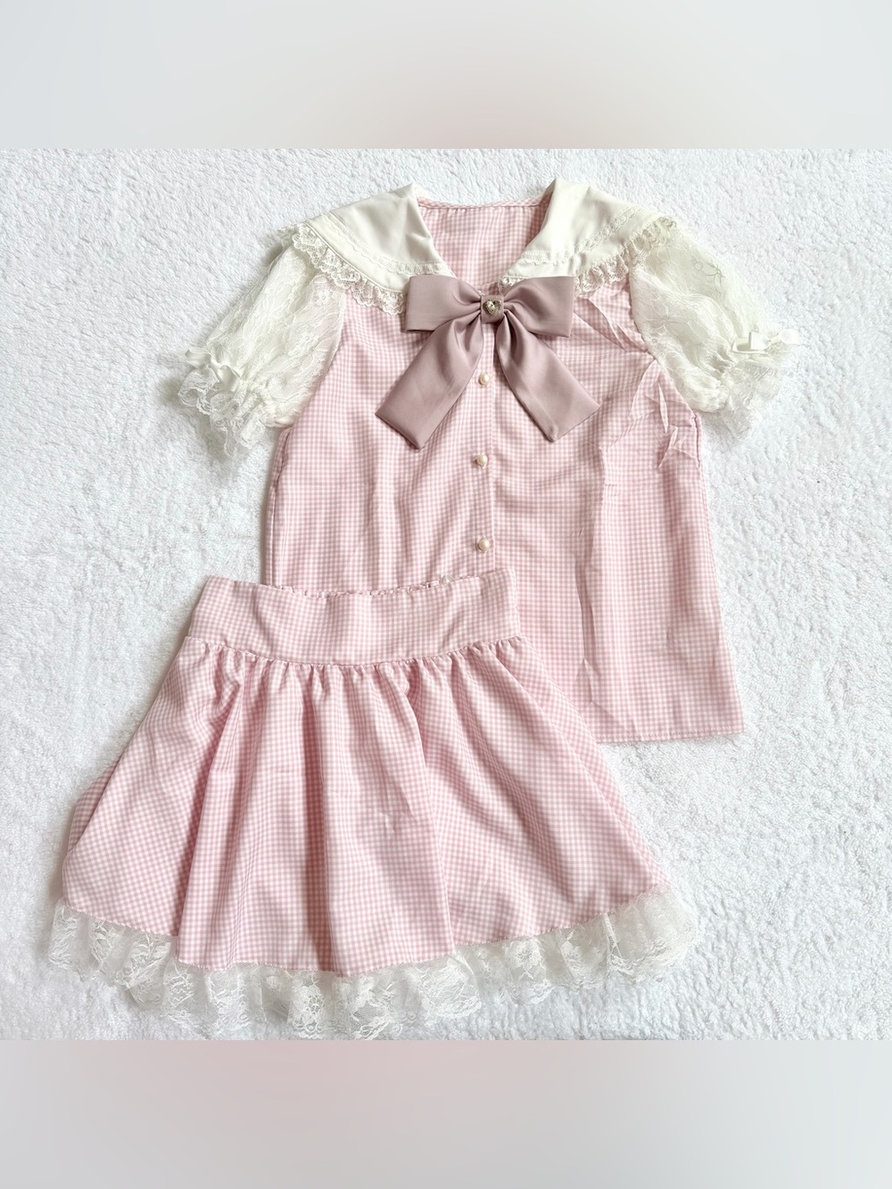 Jirai Kei Ryosan Lolita Bow Lace Japan Idol Setup Kawaii Plaid Pink White Women